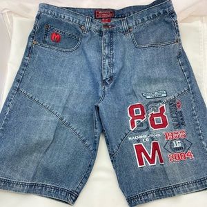 Denim Shorts Relax Fit Embroidered 2004 Blue Red White Machine Jeans Men's Sz 38
